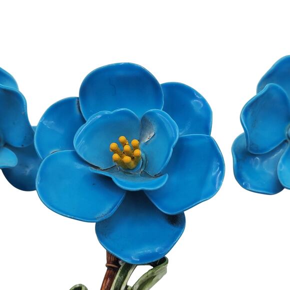 Blue Flower Power Brooch & Clip Earrings Enamel Pin Hippie Boho Vintage 1960s - Picture 4 of 6